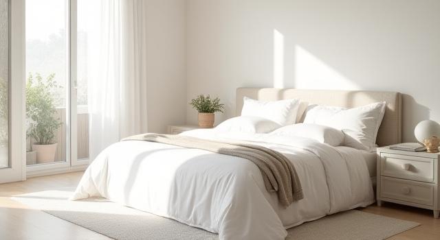 Plush, neatly made king-size bed with crisp white luxury bedding and soft throws, in a serene bedroom.
